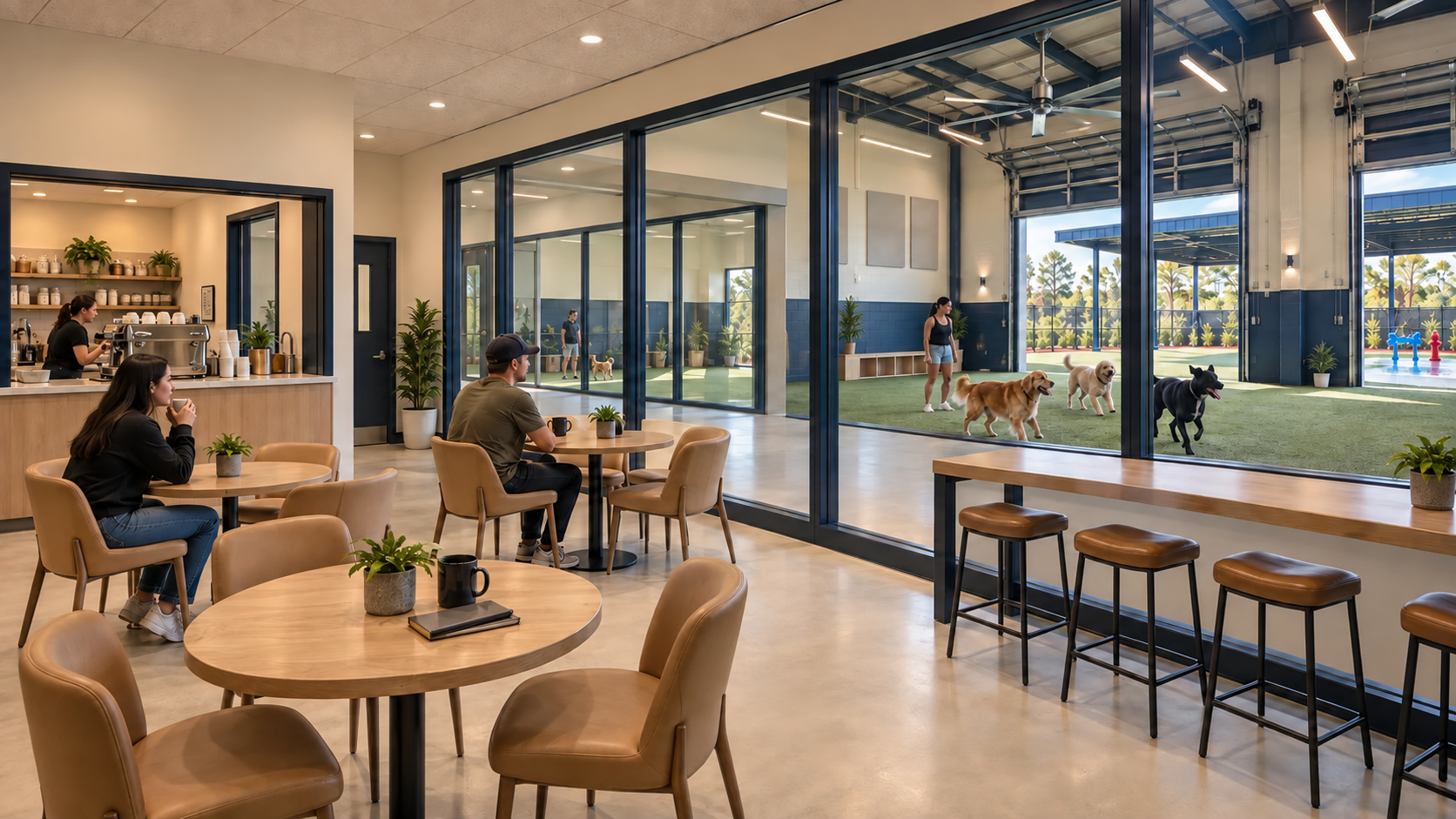 Coffee lounge with comfortable seating and large windows looking across the walkway into dog play areas